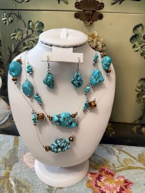 Turquoise Bead Multi-Strand Necklace and Earrings Set